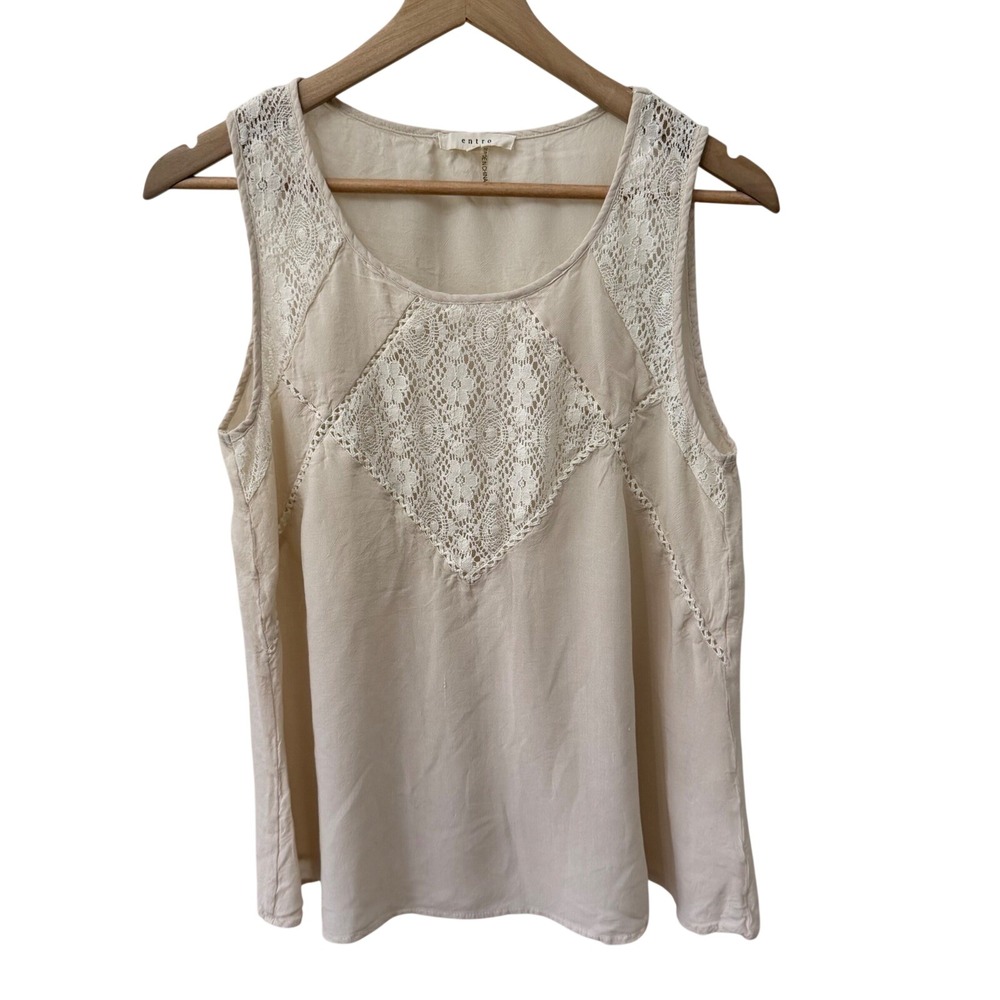Entro‎ Tank Top L Cream Lace Crochet Bib Boho Sleeveless Rayon